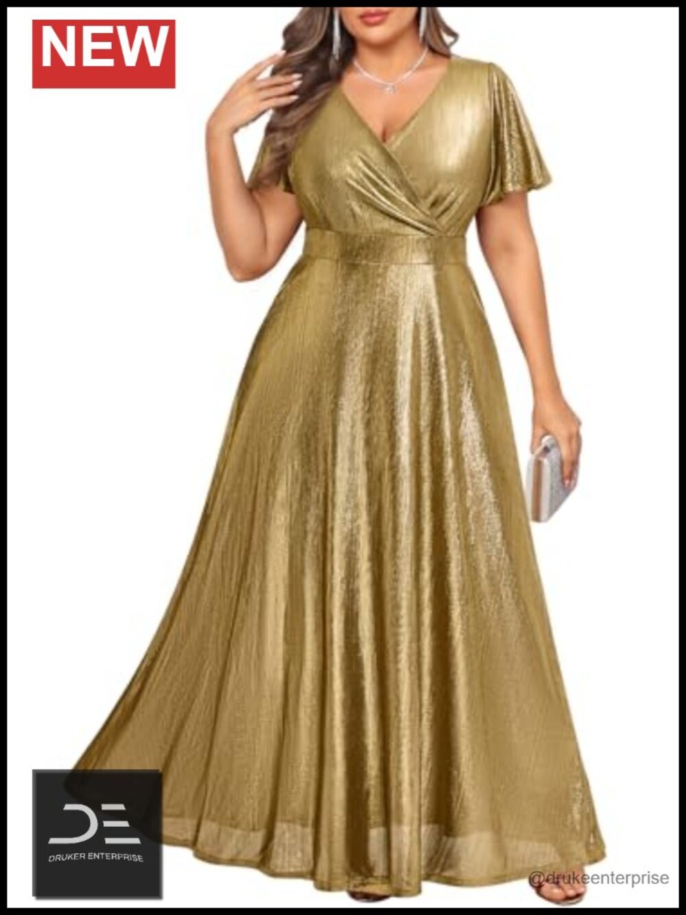 Plus Size Formal Evening Gown Maxi Dress Ruffle Sleeve V-Neck